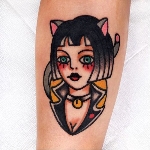 Cat tattoo by Red Lip Tattooer #RedLipTattooer #cattattoos #cattattoo #cat #kitty #cute #animal #petportrait #pet #catlady #portrait #traditional #bell #arm