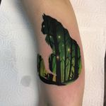 Cat tattoo by Daria Stahp #DariaStahp #cattattoos #cattattoo #cat #kitty #cute #animal #petportrait #pet #night #forest #leaves #trees #stars #Silhouette #color #painterly