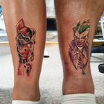 Harley Quinn & Joker matching tattoo #couplestattoo #matchingtattoo #Joker #harleyquinn #psycho #watercolortattoos 