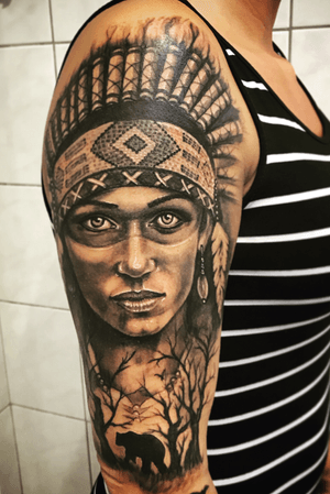 Indian woman tattoo. Native american sleeve tattoo