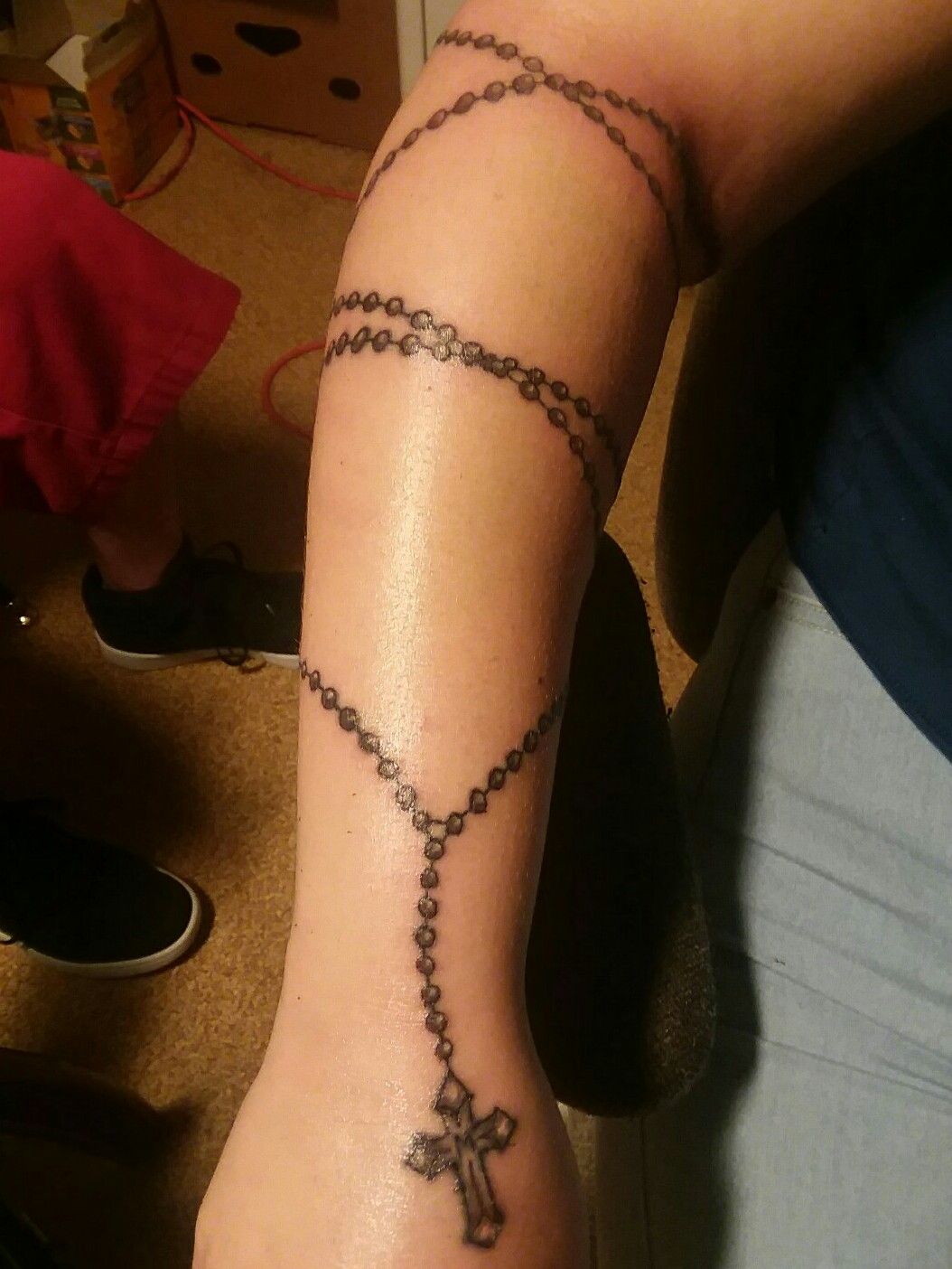 Cross rosary tattoo wrapped around arm  Around arm tattoo Rosary tattoo Rosary  tattoo arm