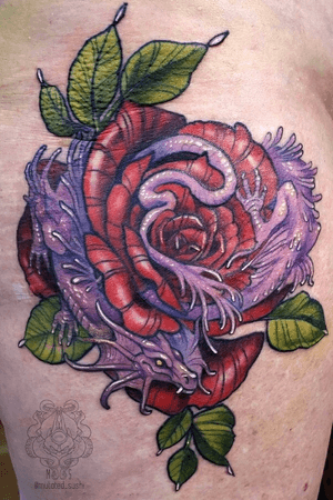 Dragon Rose on the thigh.                                    #dragon #dragontattoo #rose #rosetattoo #purple #neotraditional #fantasy #mke #milwaukee #wisconsin 