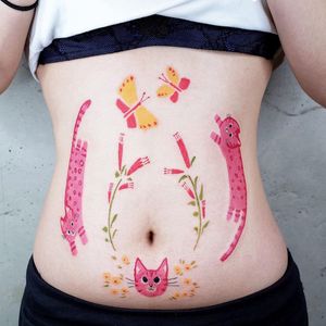 Cute tattoo by Fusaki Archive #FusakiArchive #cutetattoos #cute #sweet #tattoosforgirls #tattoosforwomen #tattooideas #cooltattoos #love #cat #kitty #pink #illustrative #flowers #floral #butterflies #stomach