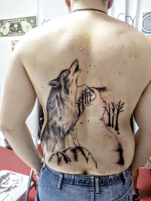 I would like to finish it was supposing to cover all my back with landscape and a moon with Indian sioux inside the intention was to make it REAL! I would try to resume the real look which was supposed to have. 
