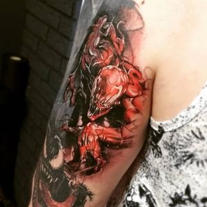 "Carnage" sneaks behind Venom. The 3rd character of Marvel Universe we have added to Alex's movie-sleeve. To be continued... ▪ #тату #карнаж #trigram #tattoo #carnage #inkedsense #tattooist #кольщик 