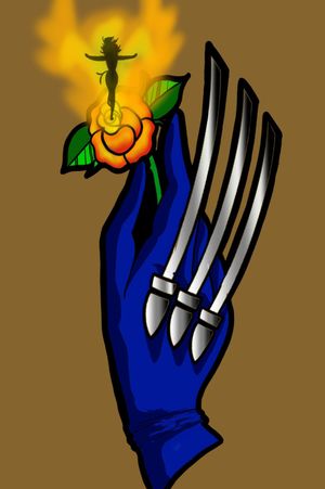 Traditional style wolverine hand holding a Phoenix flower