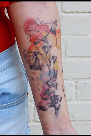 Watercolor behind dotwork flowers