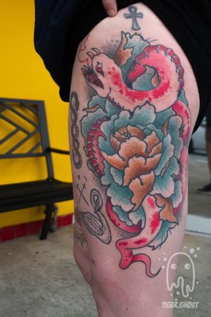 Partially healed, pink is fresh. Snake and peony full thigh
