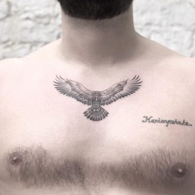 Black and grey bird tattoo by Jonathan Mckenzie #JonathanMckenzie #tattoodo #tattoodoapp #tattoodoappartists #besttattoos #awesometattoos #tattoosforwomen #tattoosformen #cooltattoos #tattooideas #eagle #chest #bird