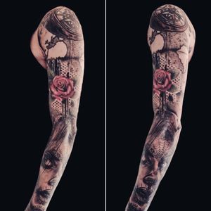 My complete arm#rose #manchette #complete #arm #catrina #catrinatattoo #tattooart #freehand #portrait #compass #marine #map #graphic #graphictattoo