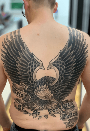 Eagle back piece, 4 sessions, clients first tattoo.