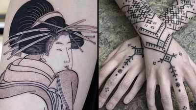 Geisha tattoo on the left by Haku and pattern tattoo on the right by Sandra Massa #SandraMassa #Haku
