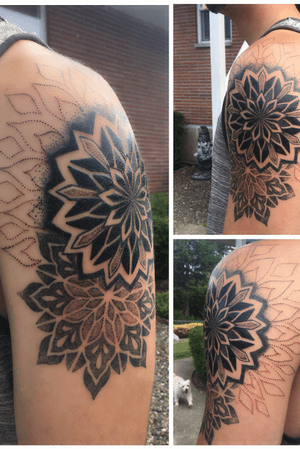 In progress- the start of a geometric sleeve - lots of dotwork and shading to follow