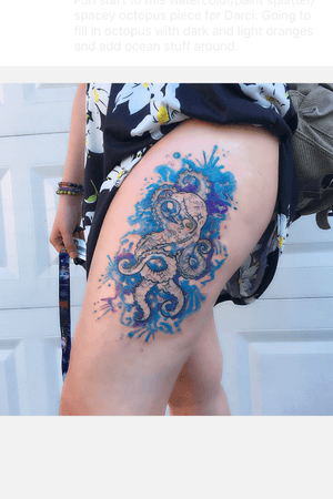 In progress octopus with watercolor/ paint splatter background 