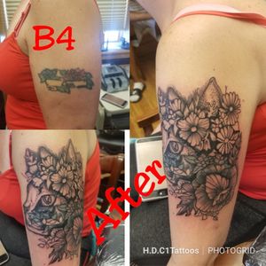 First setting on this cover up. #tattoodoer #tattooer #tattooartist #baltimoretattooartist #inkslinger #tattoocoverup #cattattoo #flowertattoo #tattoo 