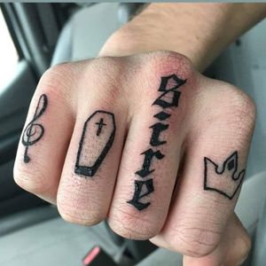 RIP Sire Tattoo (Fingers) #DocDidIt #FingerTattoos #TrebleClef #Coffin #Lettering #Crown 