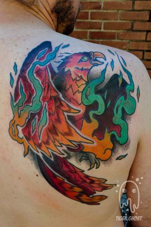 Phoenix on the back shoulder. This ones done in 4-5 sessions over the course of 2 years. 