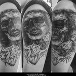 My customer first time tattoo,she want s smile skull with a clown. She is a bar after kitchen,so she want add a she favourite bartend in her tattoo