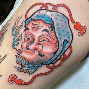 Hyottoko mask for Tom. Done at @capturedtattoo. For appointments please email: Beau@capturedtattoo.com 