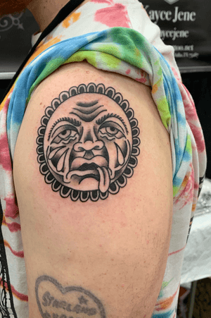 Tradtional black work Bert Grimm moon done @ the villain arts convention in Dallas TX 