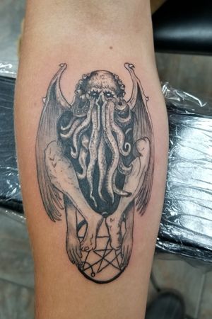 Black and grey tattoo of H.P. Lovecraft's "Kthulu"Original designer unknown.