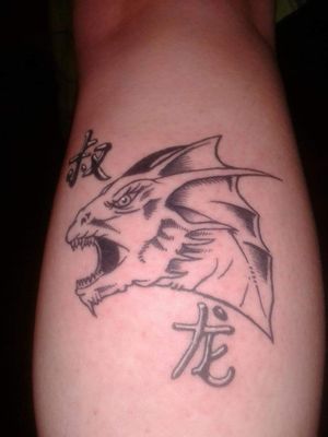 My first tattoo 8 years ago, in memory of my uncle. He drew this a long time ago, and I had it resized with kanji for my calf. He was my Dragon Uncle.