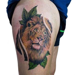 Full colour lion thigh piece. #fullcolourtattoo #fullcolour #liontattoo #armtattoo #animaltattoo #wildanimals #animals #lion #tattoo #ink #thightattoo #legtattoo #deatiled #fullcolourtattoo #colourrealism #nature 