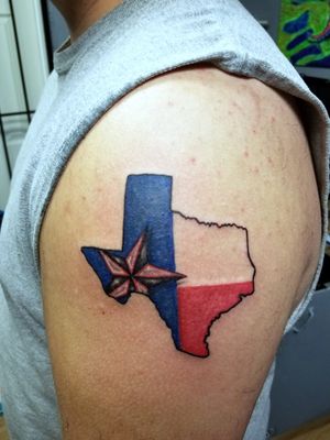 A funner variant on the Texas state line tattoos with the Texas flag embedded