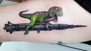Whimsical T-Rex with aircraft goggles riding a Saturn-V rocket