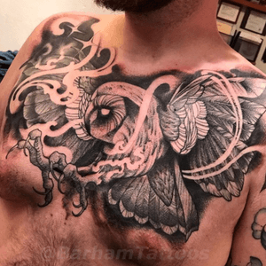 Owl chest tattoo by Barham Williams at Fable Tattoo Gallery