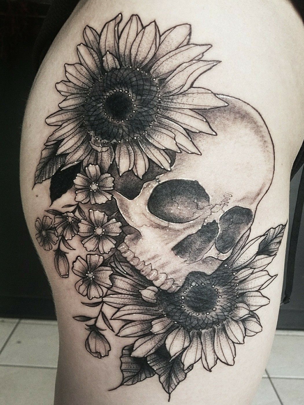 Realistic skull with crown and sunflower tattoo Brent Olson Art Junkies  Tattoo by Brent Olson TattooNOW