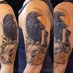 Raven ans cat skull tattoo by Jesse Vardaro at Fable Tattoo Gallery