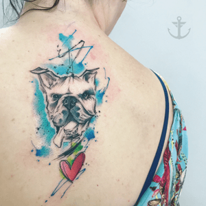 Bulldog watercolor Tattoo by Felipe Bernardes #tattoo #dog #pet #felipebernardes #bulldog #heart #love #tattoooftheday #watercolor #aquarela 