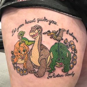 The land before time, thigh piece. #colour #thelandbeforetime #script #cute #thightattoos