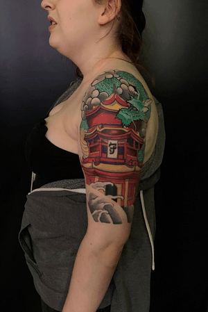 Japanese pagoda half sleeve tattoo 