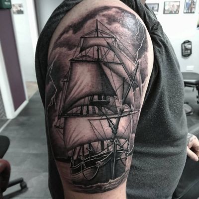 #tattoo #tattoos #tattooist #tattooartist #ship #shiptattoos #shiptattoo #nauticaltattoos #nautical #blackandgrey #blackandgreytattoo #realistictattoo #realismtattoo #point2point #tattoostudio #erith #kent #southlondon 