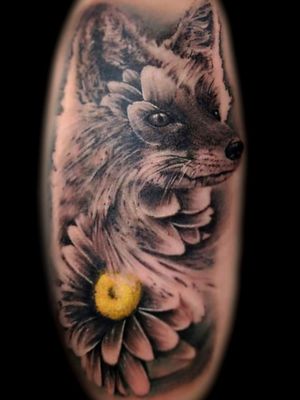 Realistic fox with flower black and grey