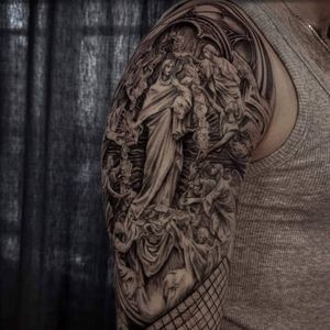 Virgin Mary and child tattoo by Jones Larsen #JonesLarsen #LacunaTattoo #realism #realistic ##mashup #tattoodoapp #tattooartist #tattooidea #cooltattoo #copenhagen #denmark #blackandgrey #virginmary #jesus #arm