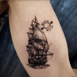 Boat tattoo by Jones Larsen #JonesLarsen #LacunaTattoo #realism #realistic ##mashup #tattoodoapp #tattooartist #tattooidea #cooltattoo #copenhagen #denmark #blackandgrey #boat #ship #arm