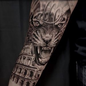 Tiger tattoo by Jones Larsen #JonesLarsen #LacunaTattoo #realism #realistic ##mashup #tattoodoapp #tattooartist #tattooidea #cooltattoo #copenhagen #denmark #tiger #architecture #blackandgrey #arm