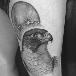 Falcon tattoo by Jones Larsen #JonesLarsen #LacunaTattoo #realism #realistic ##mashup #tattoodoapp #tattooartist #tattooidea #cooltattoo #copenhagen #denmark #bird #falcon #moon #blackandgrey #leg