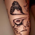 Surreal portrait tattoo by Jones Larsen #JonesLarsen #LacunaTattoo #realism #realistic ##mashup #tattoodoapp #tattooartist #tattooidea #cooltattoo #copenhagen #denmark #surreal #portrait #lady #leg