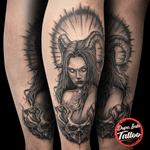 Demon #tattooart #tattooartist #demon #demontattoo #blackandgrey #blackandgreytattoo #womendemon #skull #skulltattoo #dynamic 