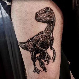 Raptor tattoo by Jones Larsen #JonesLarsen #LacunaTattoo #realism #realistic ##mashup #tattoodoapp #tattooartist #tattooidea #cooltattoo #copenhagen #denmark #raptor #blackandgrey #leg #dinosaur