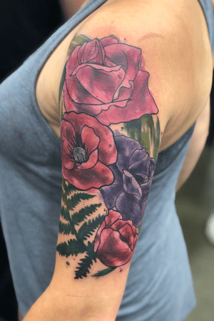 Outside part of a watercolor floral sleeve (Villain Arts Dallas Tattoo Convention 2019)