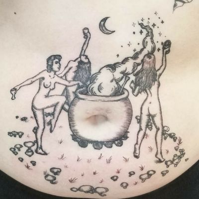 Moonlit witches dancing within a fairy ring and around the bubbling couldron. I love doing the woodblock style! <3 Please DM me through instagram or facebook for bookings @classylasslilith #woodblockstyle #witchtattoo #witchesbrew #witches #witchcraft #dancing #lineworktattoo #Tummytattoo #customtattoo 