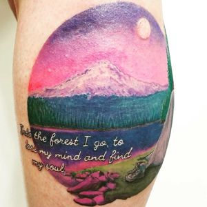 Custom piece for a nature and hiking lover.Please DM me through instagram or facebook for bookings @classylasslilith#mthood #naturetattoo #colorful #customtattoo #hiking #sunset #colortattoo 