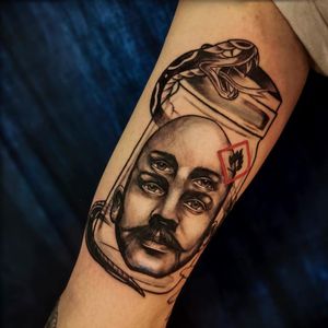 Surreal portrait tattoo by Jones Larsen #JonesLarsen #LacunaTattoo #realism #realistic ##mashup #tattoodoapp #tattooartist #tattooidea #cooltattoo #copenhagen #denmark #surreal #portrait #snake #fire #arm