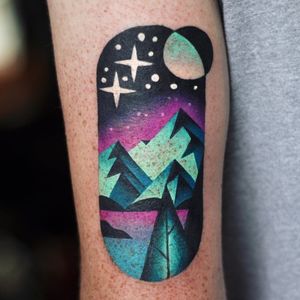 Cool tattoo by David Cote #DavidCote #cooltattoos #tattooidea #cooltattoo #cool #favorite #bestoftheday #tattoosforwomen #tattoosformen #mountains #landscape #forest #Moon #starts #color #arm