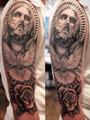 Jesus dove and rose black and grey